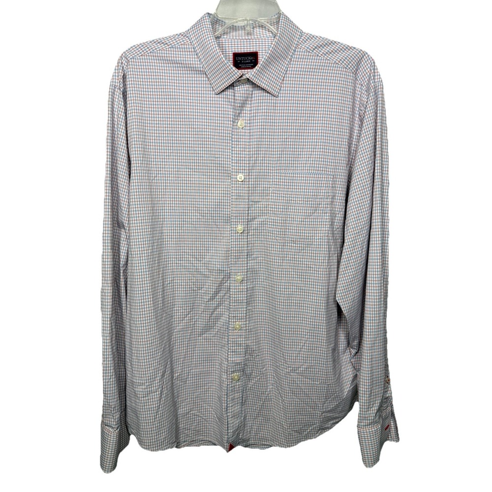 UNTUCKit Mens XL Red White Blue‎ Check Performance Nylon Stretch LS Button Down